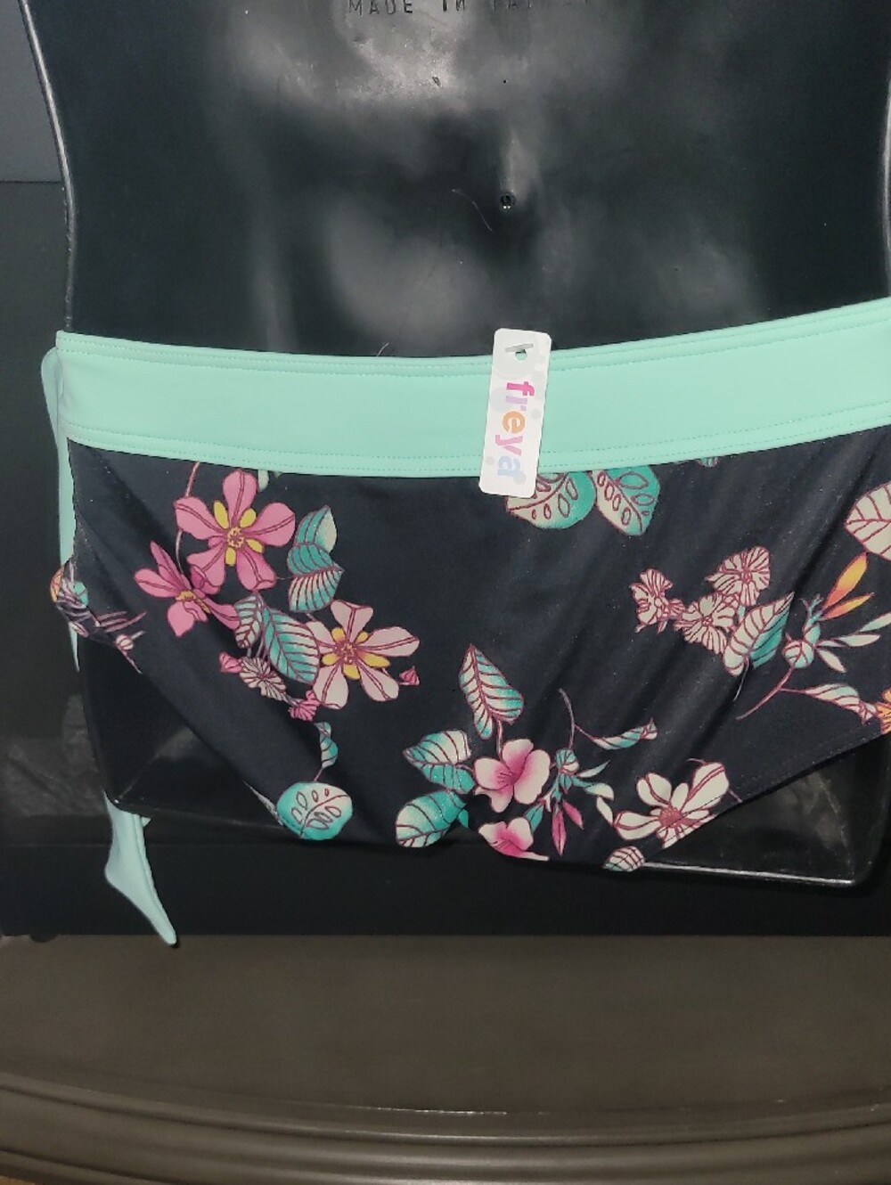 Freya Black Floral Bikini Bottom with Mint Waistband - Picture 4 of 5